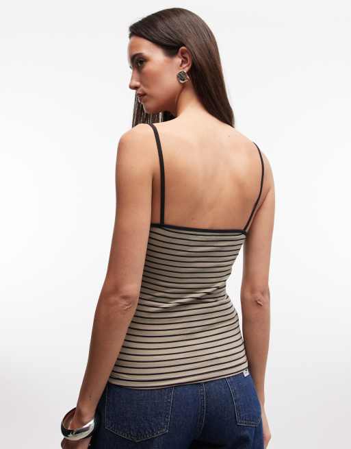 Monki straight strap tank top in olive stripe, 4 of 4