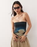 [Monki] Monki strapless bandeau mesh top in turquoise tropical palm tree print-Blue XS Turquoise