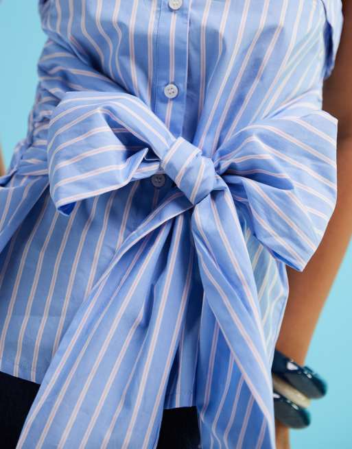 Monki strapless shirt bandeau top with tie front detail in blue and pink pinstripe, 3 of 4