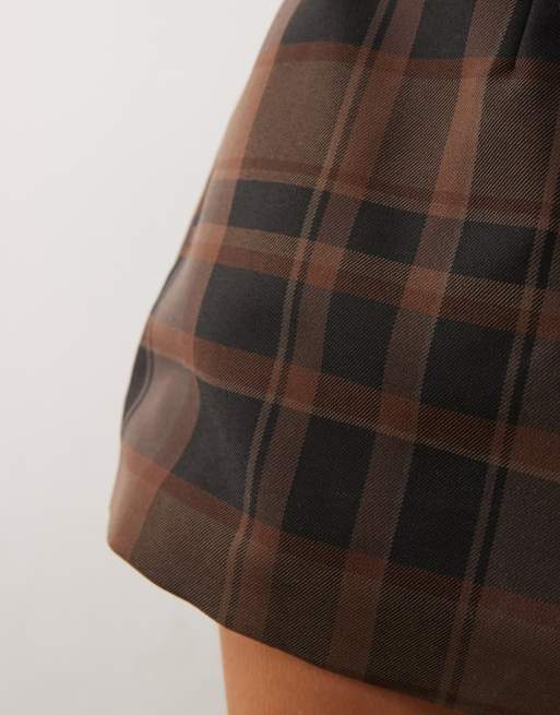 Monki strapless tailored mini dress in brown plaid 