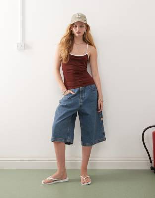 Monki Strappy Cami Tank Top With White Contrast Trim In Brown