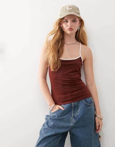 Monki strappy cami vest with white contrast trim in chocolate brown - view 1