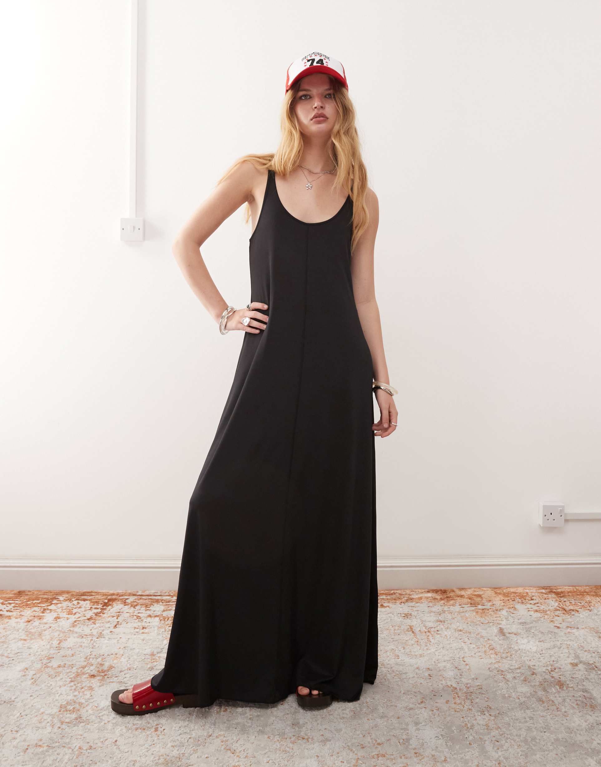 monki strappy floaty maxi dress in black