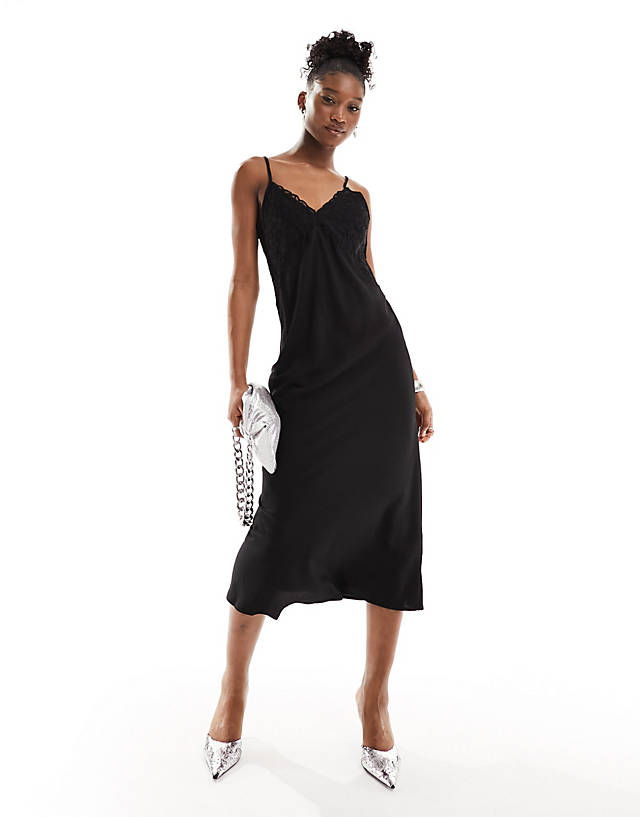 Monki - strappy maxi slip dress with lace detail in black