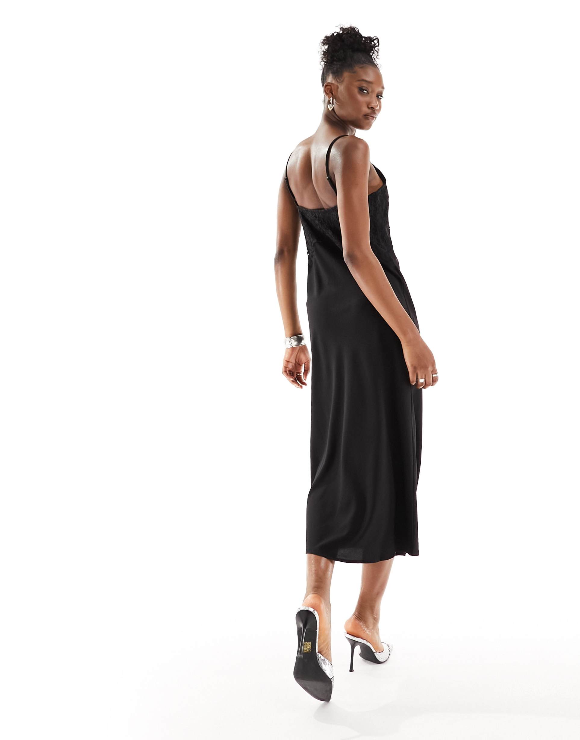 monki strappy maxi slip dress with lace detail in black