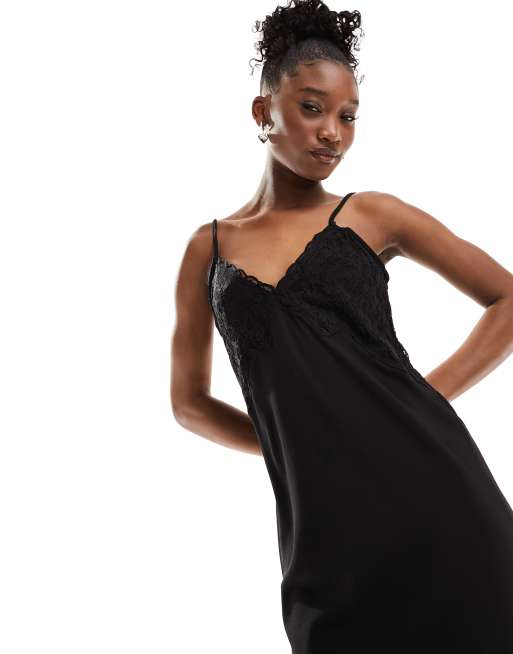 Monki strappy maxi slip dress with lace detail in black