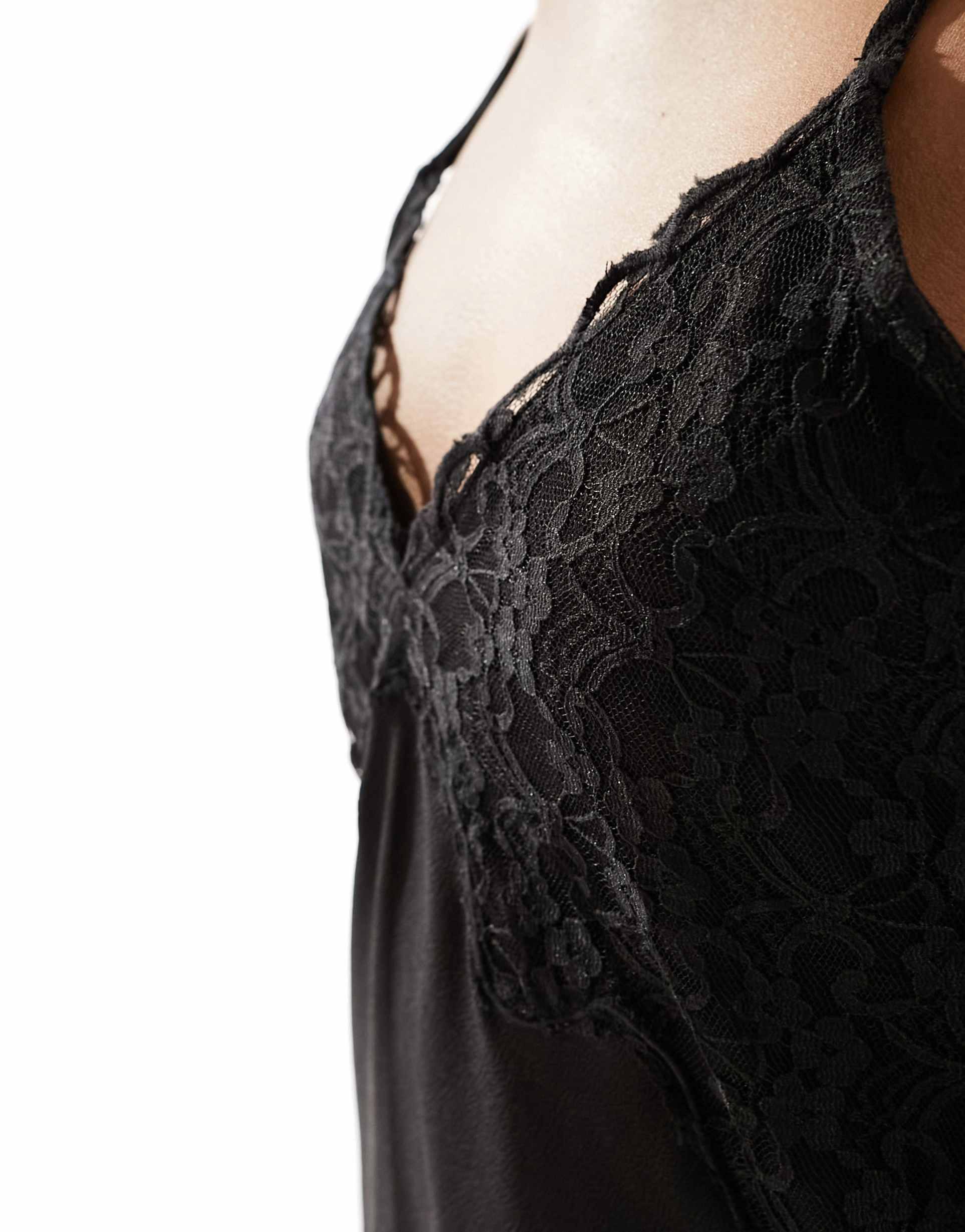monki strappy maxi slip dress with lace detail in black