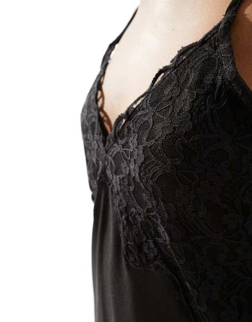 Monki strappy maxi slip dress with lace detail in black | ASOS