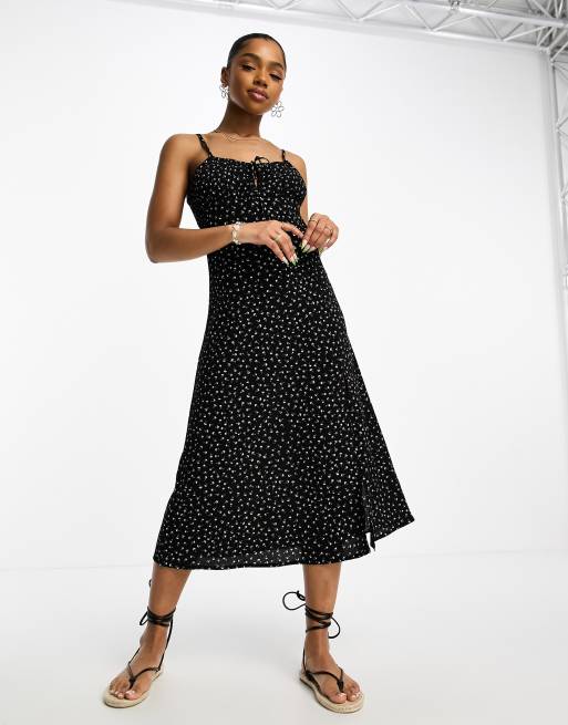 Monki strappy midi dress with split in black ditsy floral print