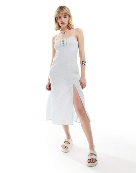 Monki strappy midi dress with split in blue ditsy print - view 1