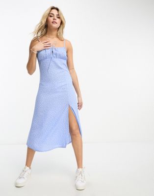 Monki strappy midi dress with split in blue ditsy - ASOS Price Checker