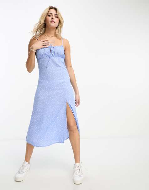 Monki strappy midi dress with split in blue ditsy - view 1