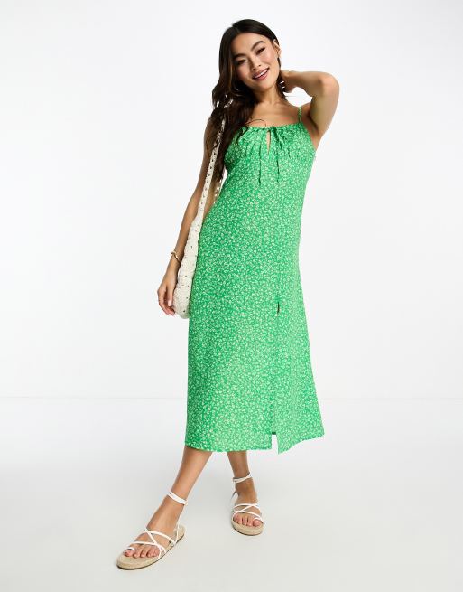 Monki strappy midi dress with split in green ditsy | ASOS