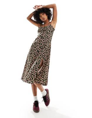 Monki Monki strappy midi dress with split in strawberries print-Multi