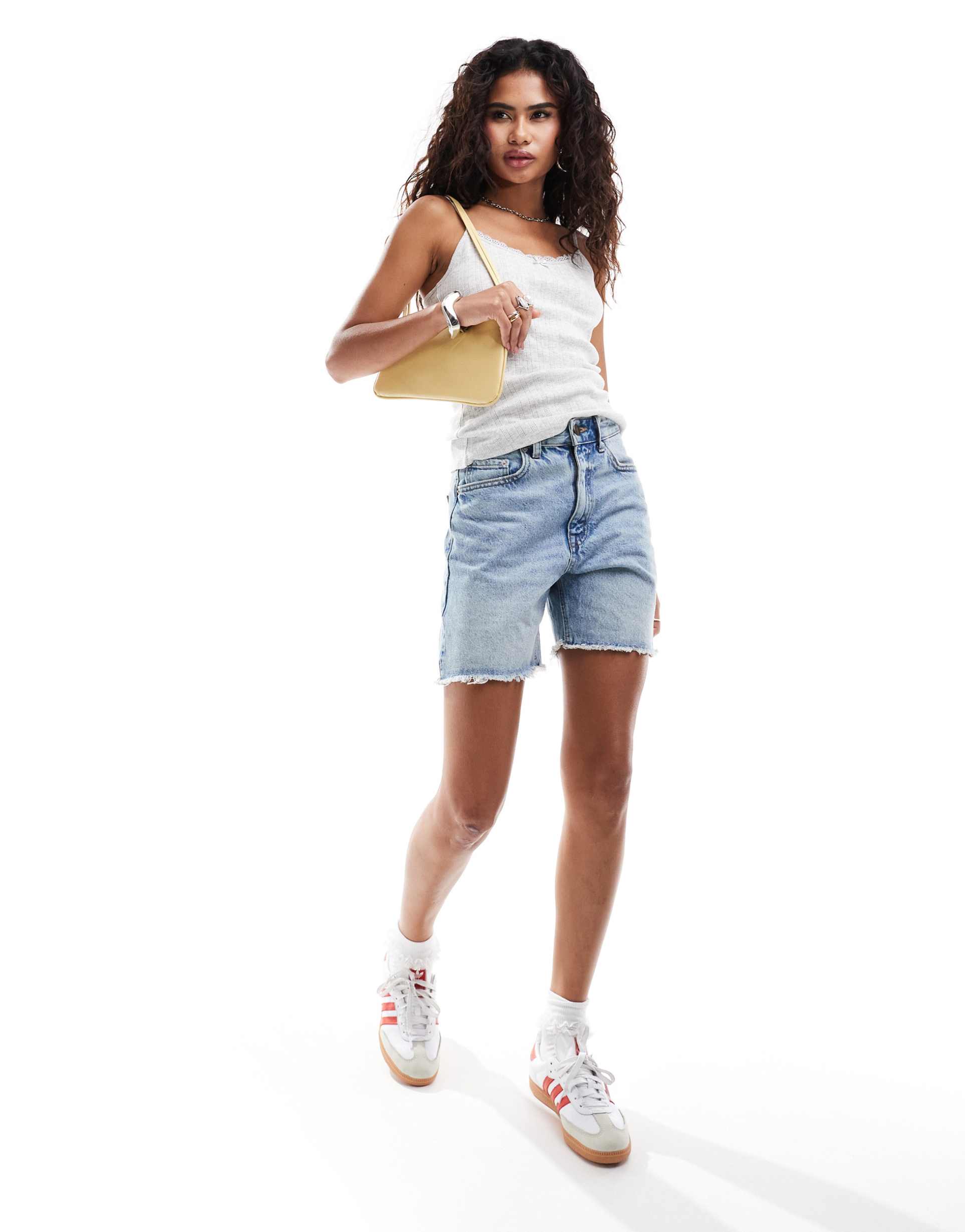 monki strappy pointelle tank top with lace trim in light gray melange