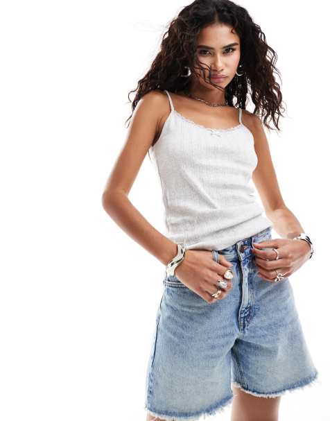 Monki strappy pointelle vest top with lace trim in light grey melange - view 1