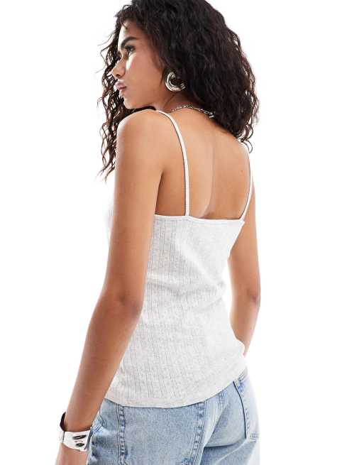 Monki strappy pointelle vest top with lace trim in light grey