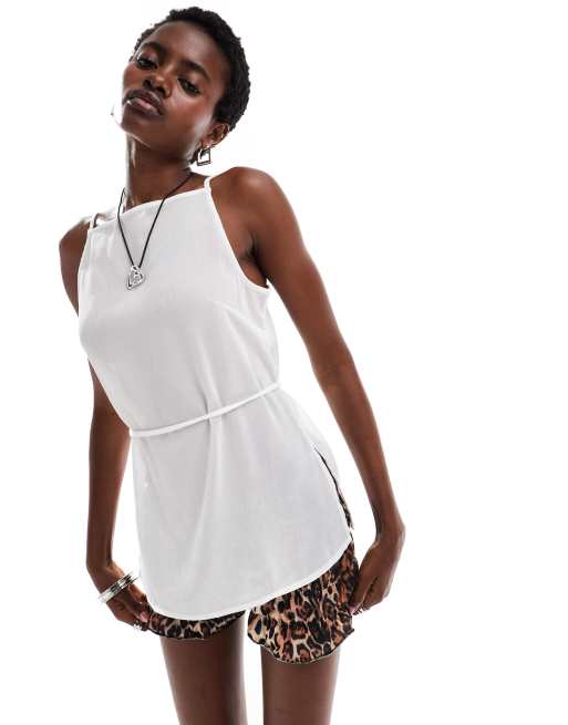 Monki strappy sheer top with high split on side and tie back in off white