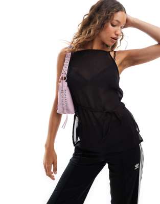 Monki strappy sheer top with high split on slide and tie back in black