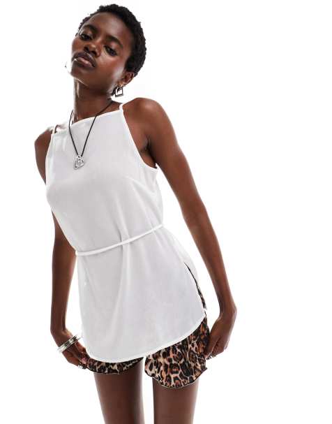 Monki strappy sheer top with high split on slide and tie back in off white - view 1