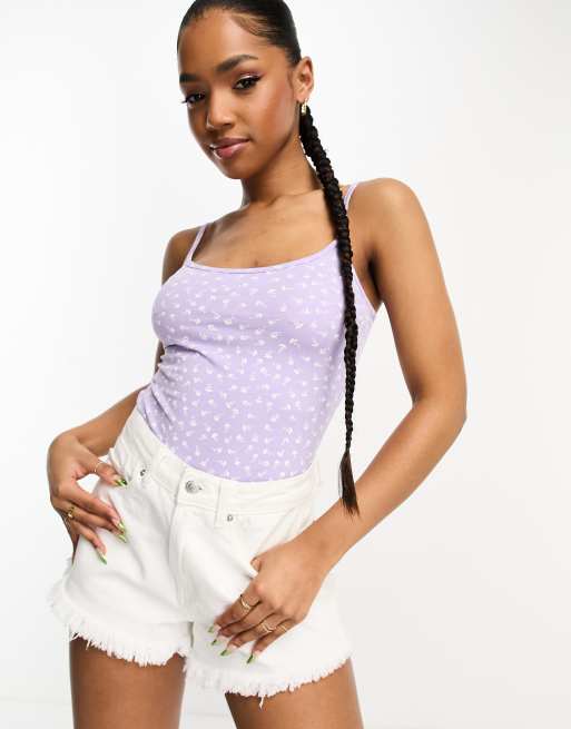 Monki strappy singlet top in lilac ditsy print