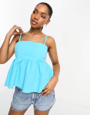 Monki Monki strappy square neck smock sun top in light blue