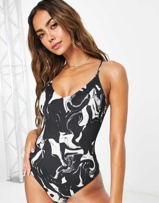 Monki strappy swimsuit in black marble print