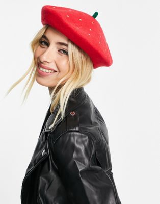 Monki strawberry wool beret in red
