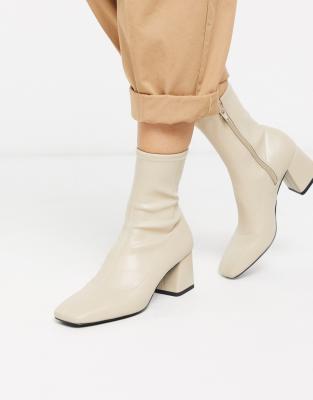 Monki stretch ankle boots with block heel in beige | ASOS