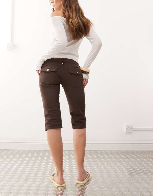 Monki stretch capri pants in dark brown 