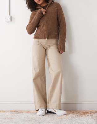 Monki Stretch Cotton Wide Leg Pants In Beige-neutral