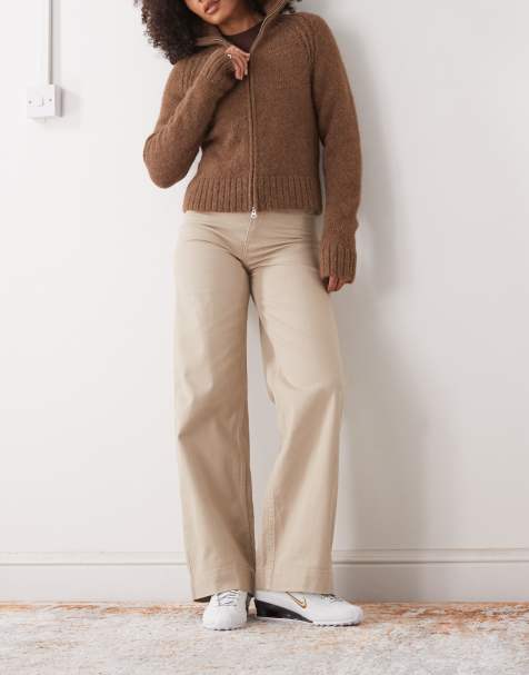 Monki stretch cotton wide leg pants in beige - view 1