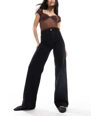 Monki Stretch Cotton Wide Leg Pants In Black