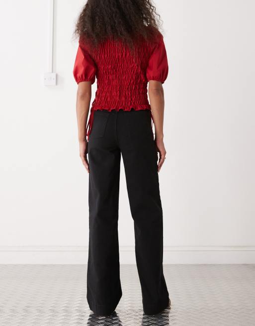 Monki stretch cotton wide leg pants in black, 2 of 5