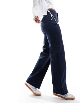 Monki Stretch Cotton Wide Leg Pants In Navy