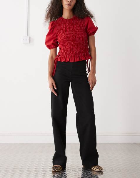 Monki stretch cotton wide leg trousers in black