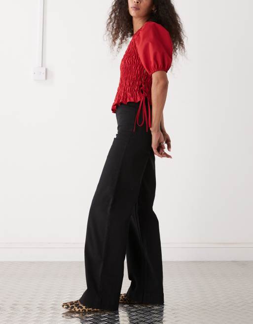 Monki stretch cotton wide leg trousers in black, 3 of 5