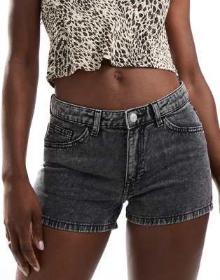 stretch five pocket shorts in black acid wash