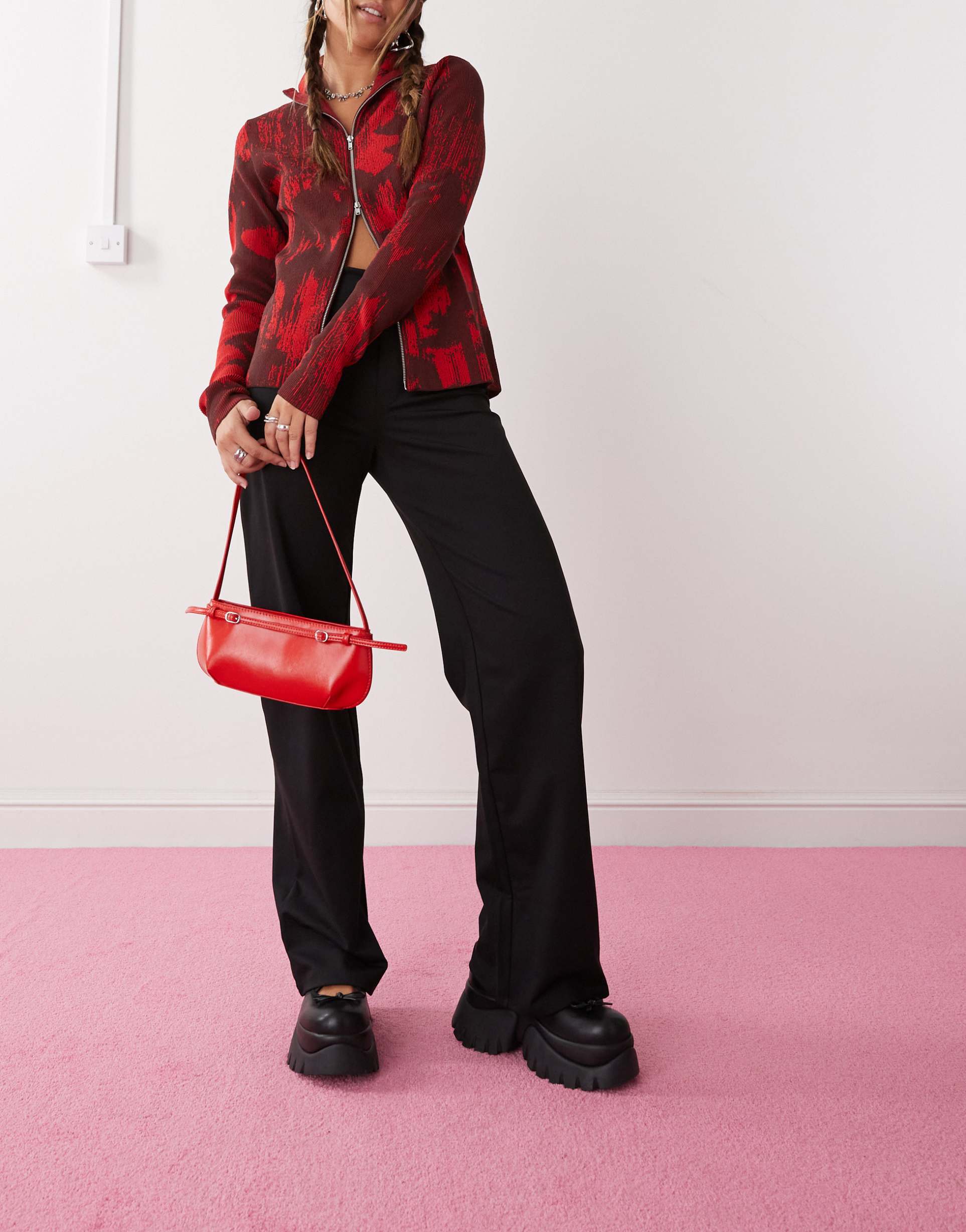 monki stretch straight leg pants with pull-on waist in black