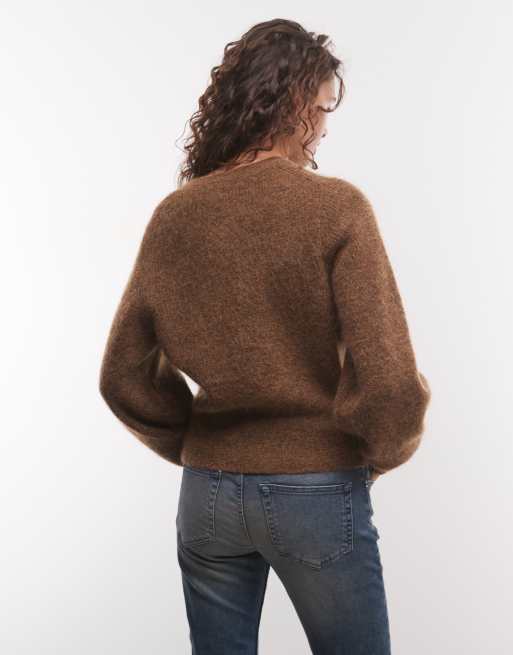 Monki Strickjacke aus Mohair-Mix mit Ballonärmeln in sanftem Braun, 3 von 4