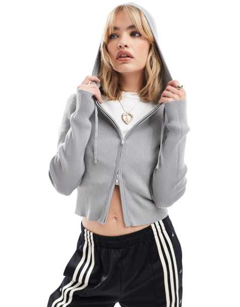 Monki – Strickjacke in Grau mit Kapuze und Reißverschluss - view 1