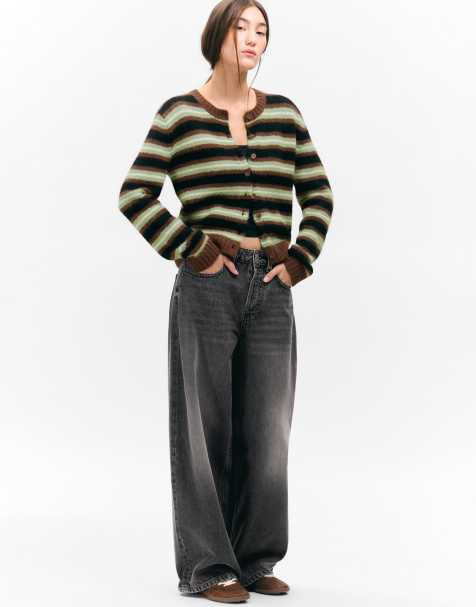 Monki – Strickjacke mit grünen Streifen und Knopfleiste - view 1