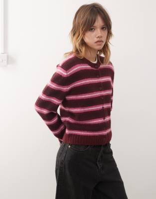 Monki - Strickjacke mit rosa Streifen und Knopfleiste-Bunt