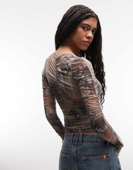 Monki – Strickjacken-Oberteil aus gerafftem Netzstoff mit Schlangenmuster, 3 von 4