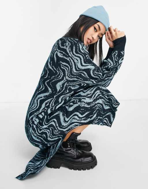 Monki - Strikket blå midikjole med rullekrave og hvirvelmønster i jacquard - MBLUE, 4 af 4