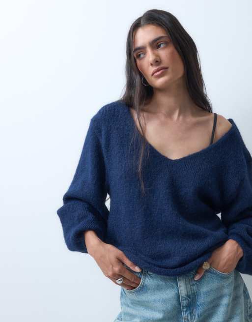 Monki strikket trøje med v-hals i navy, 4 af 5