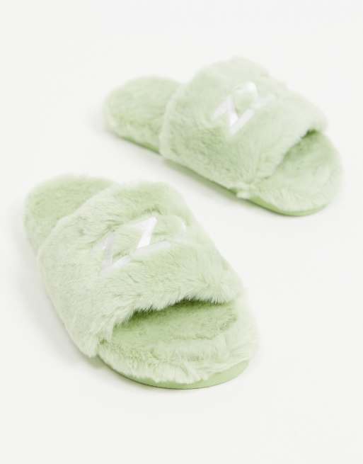 Green on sale fur slippers