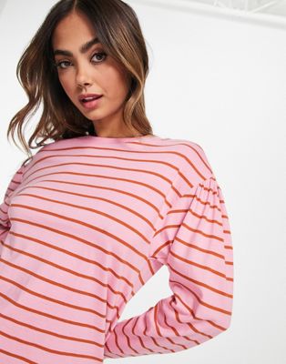 Monki stripe long sleeve t-shirt in pink and red stripe