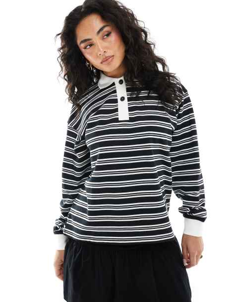 Monki stripe rugby long sleeve stop in black and white - view 1
