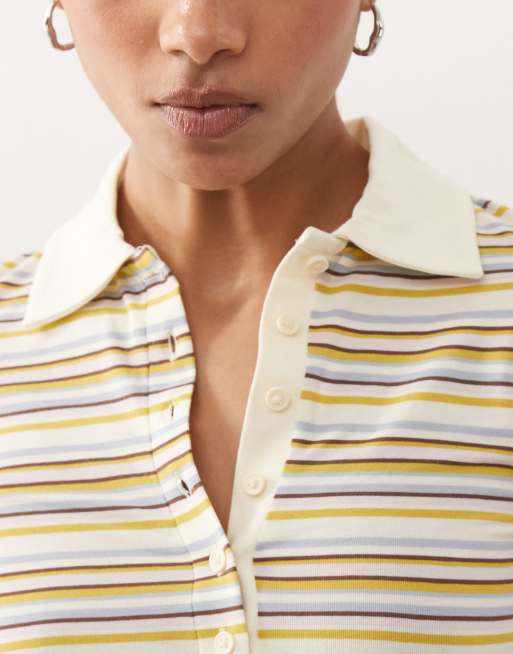 Monki stripe rugby slim fit long sleeve top in yellow, 2 of 4